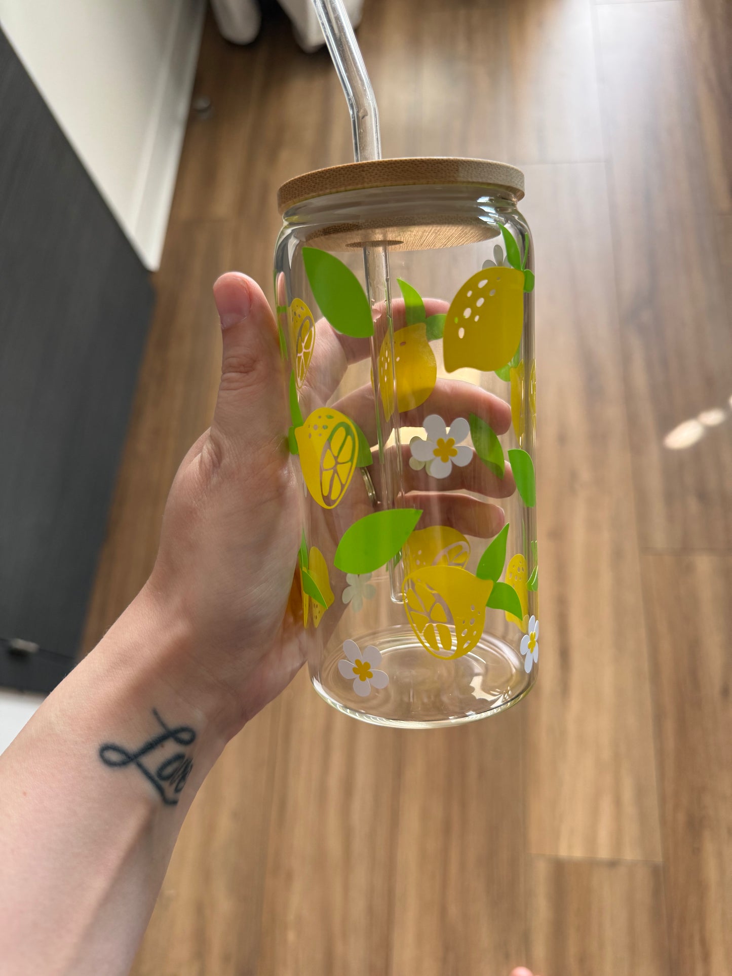 Verre Cup Citrons – Avec Couvercle Bambou & Paille en Verre