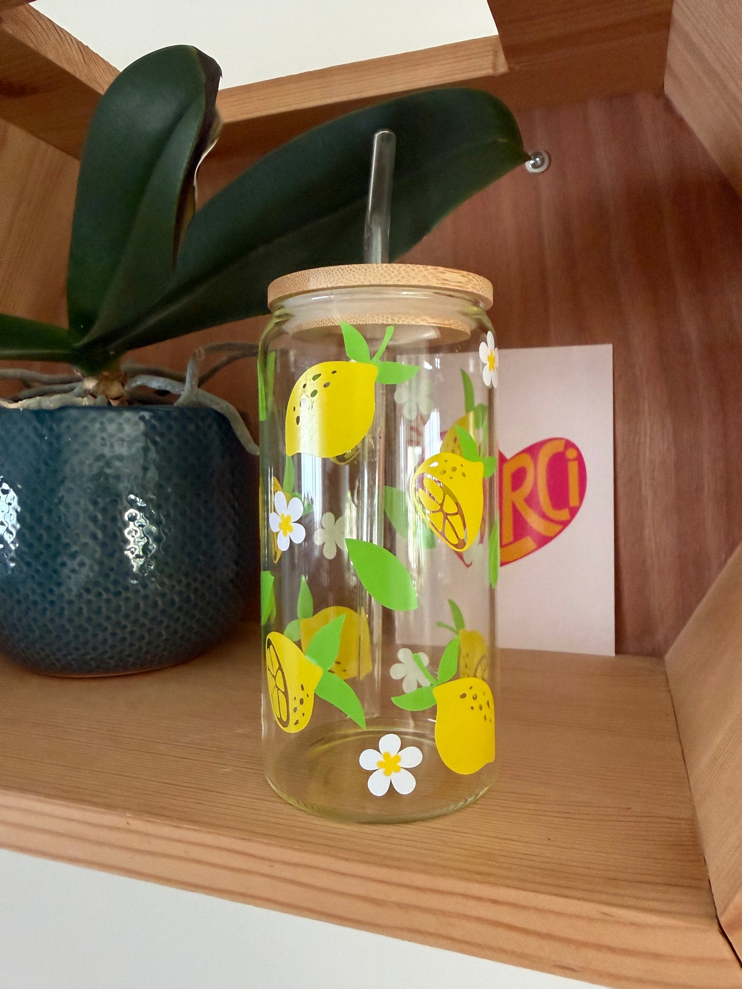 Verre Cup Citrons – Avec Couvercle Bambou & Paille en Verre