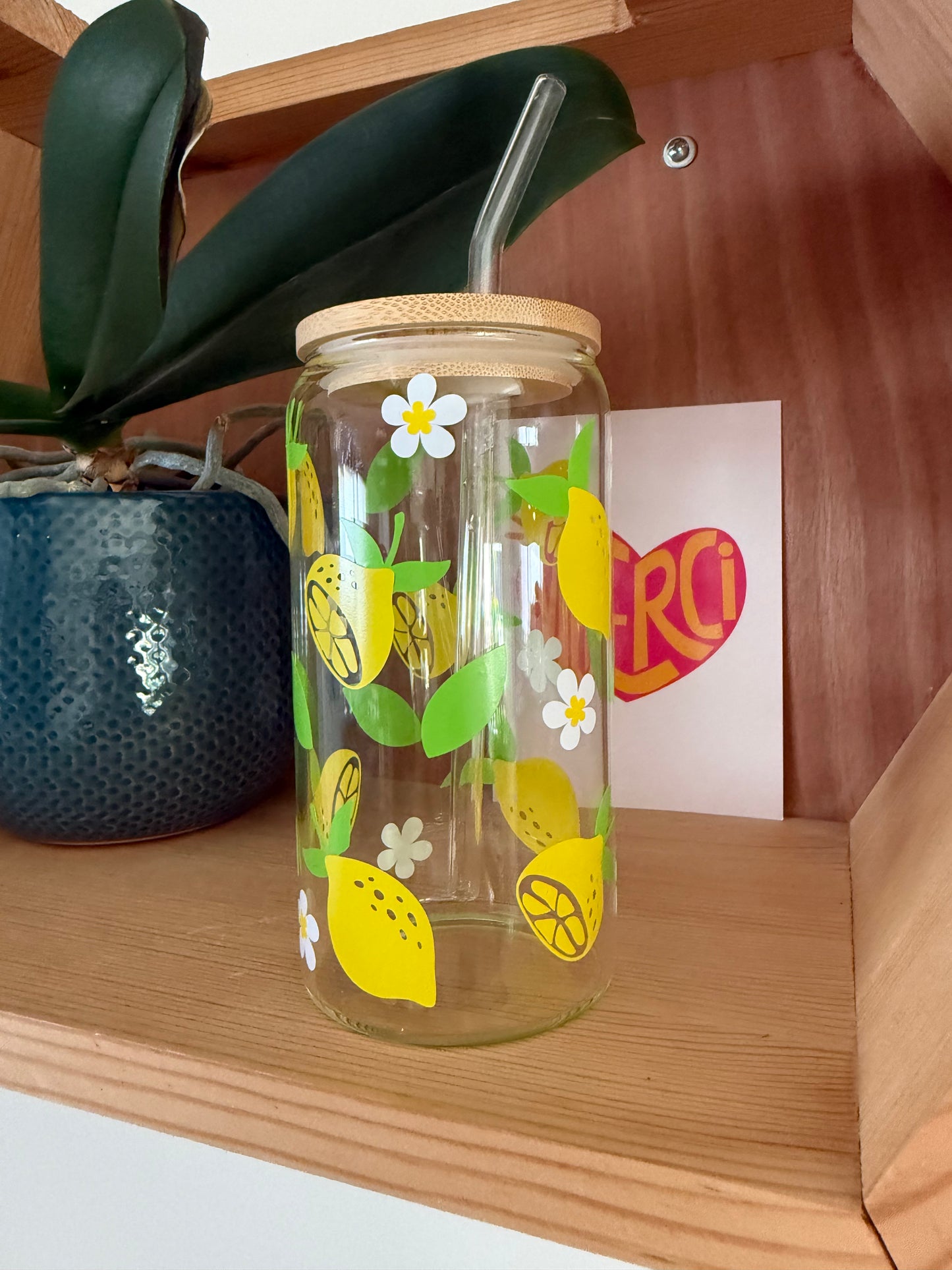 Verre Cup Citrons – Avec Couvercle Bambou & Paille en Verre