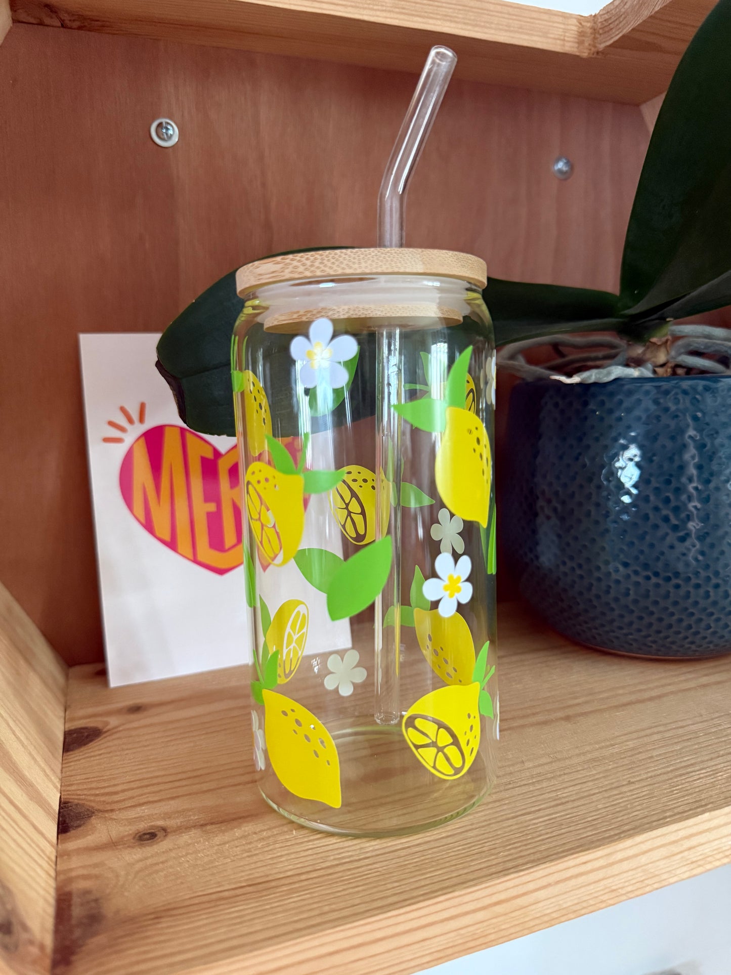 Verre Cup Citrons – Avec Couvercle Bambou & Paille en Verre