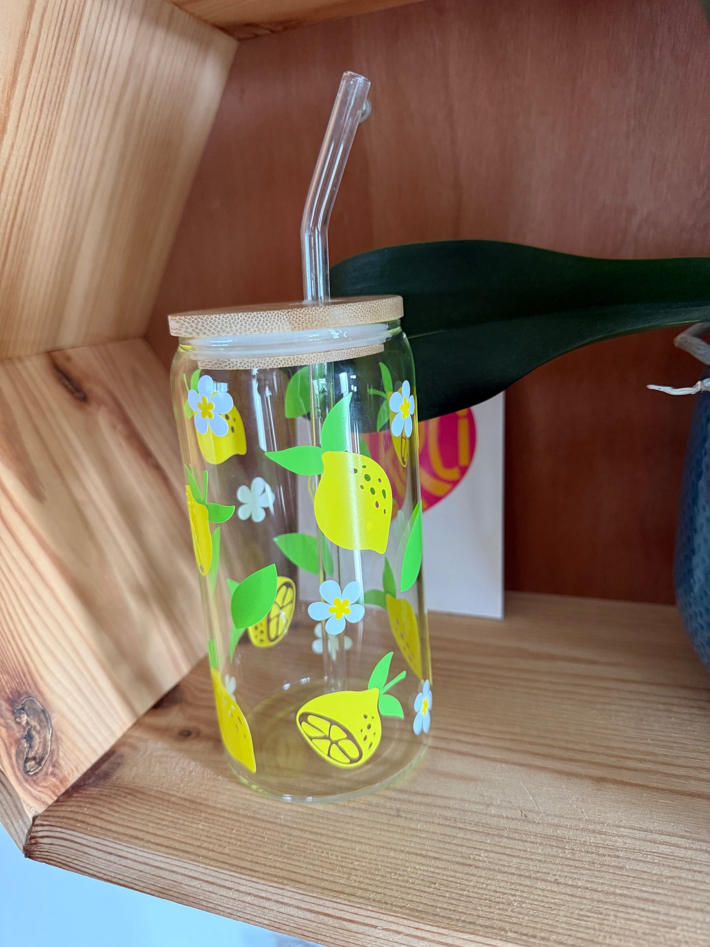 Verre Cup Citrons – Avec Couvercle Bambou & Paille en Verre