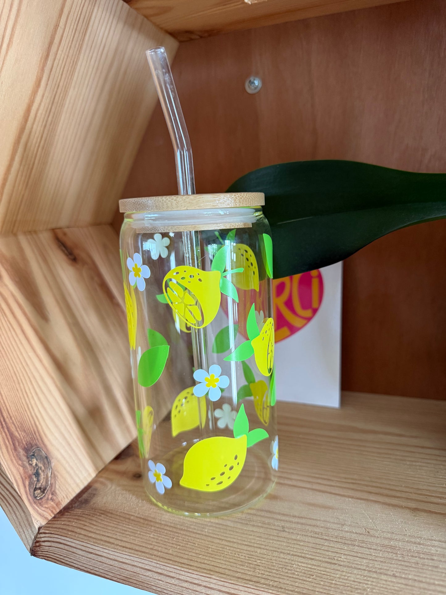 Verre Cup Citrons – Avec Couvercle Bambou & Paille en Verre