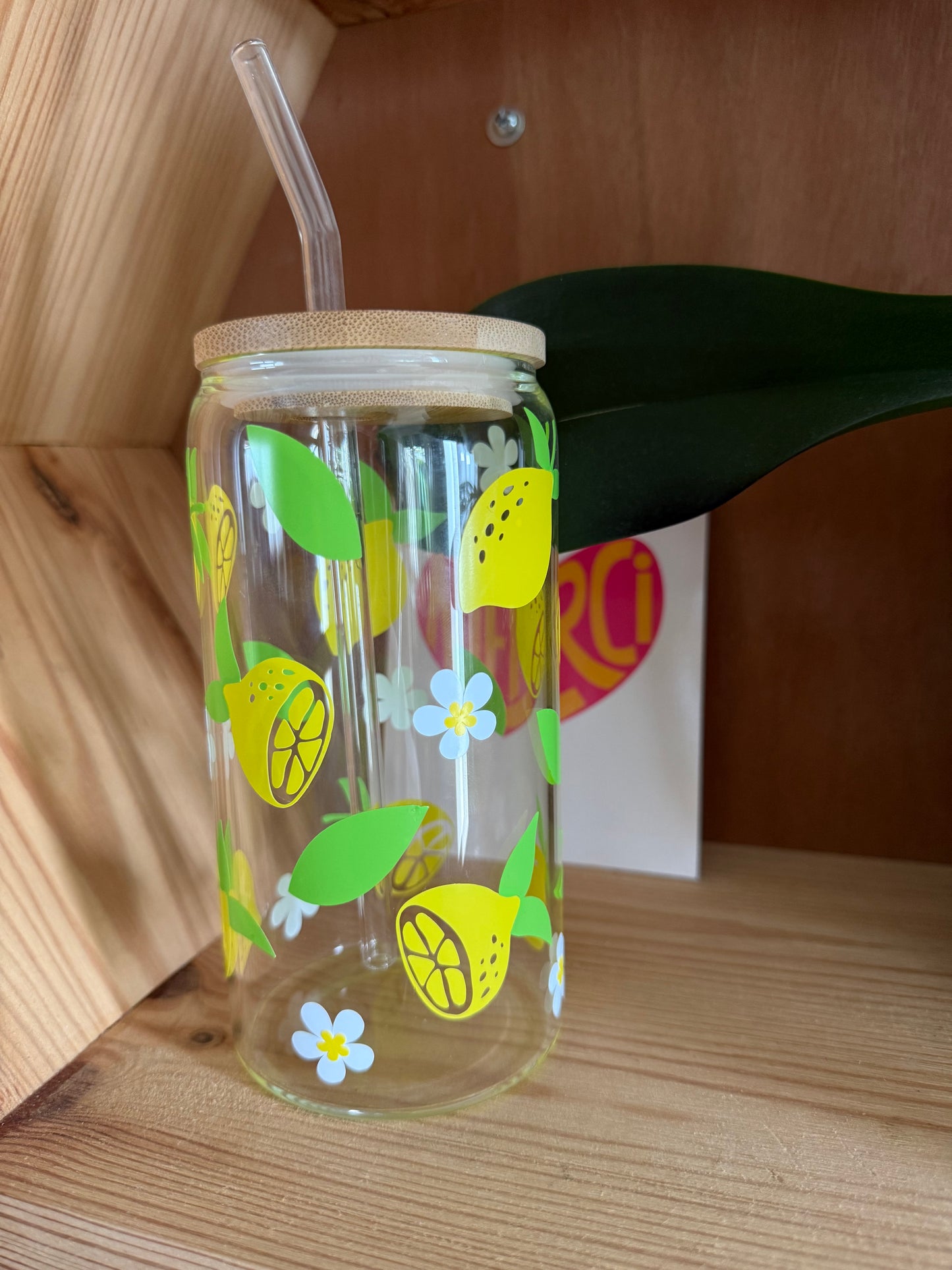 Verre Cup Citrons – Avec Couvercle Bambou & Paille en Verre